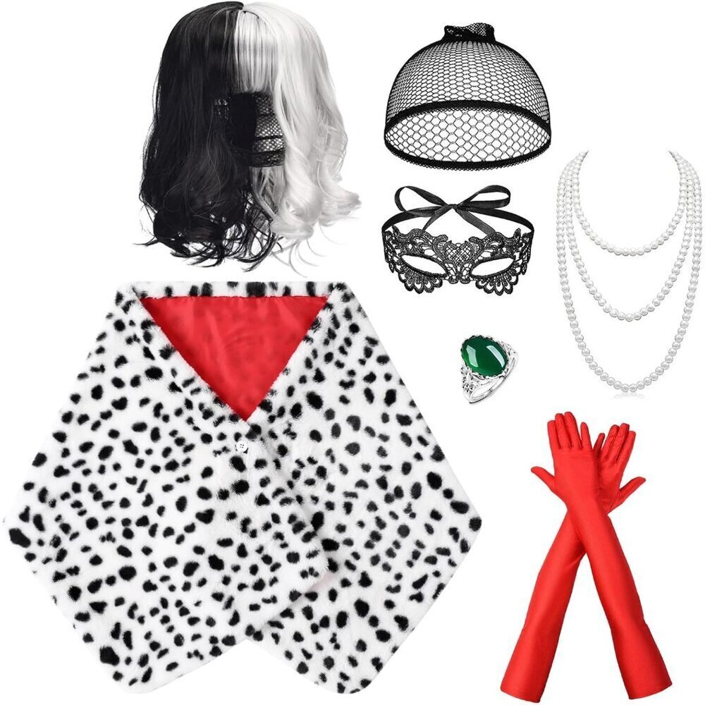 Women Halloween Costume Set Faux Fur Dalmatian Shawl Wig Gloves Necklace